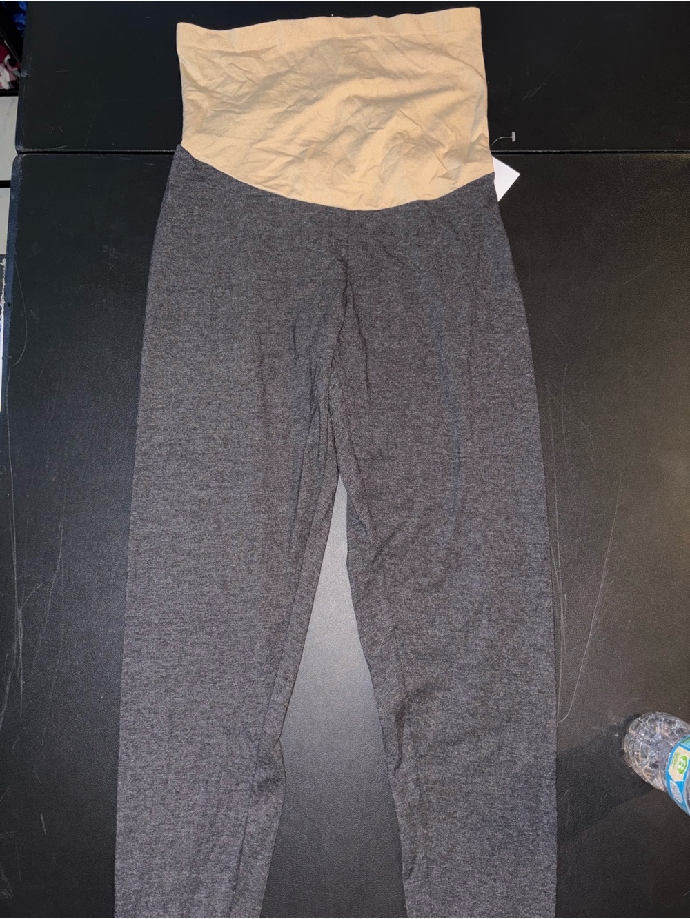High-Waist Maternity Leggings - Charcoal Gray with Cream Waistband